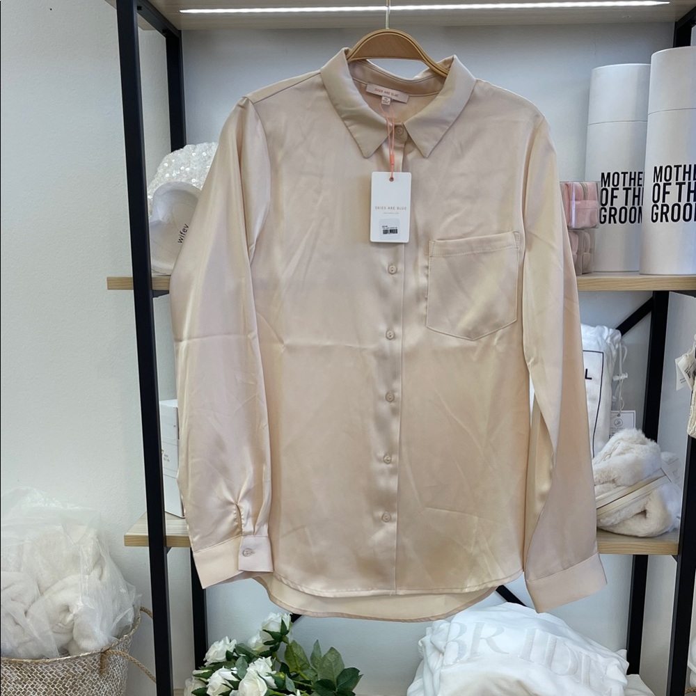 Skies Are Blue Satin Button-Up Blouse in Light Cream